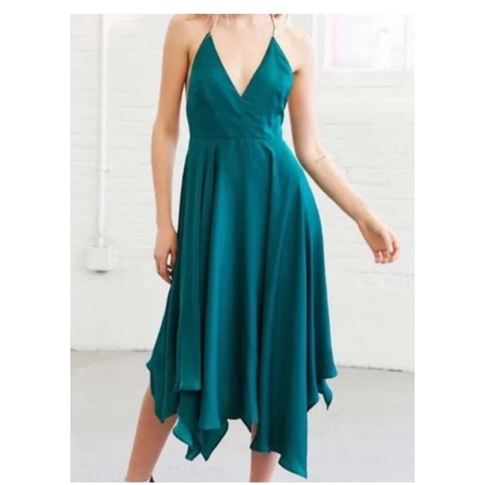 Kimchi Blue Green Emerald Midi Dress Gown Asymmetrical Hem Cocktail Satin Size 8 - Picture 1 of 12